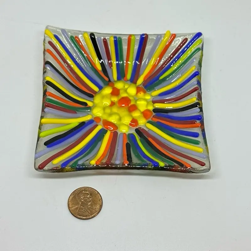 Handcrafted colorful sunburst fused glass dish Plates
