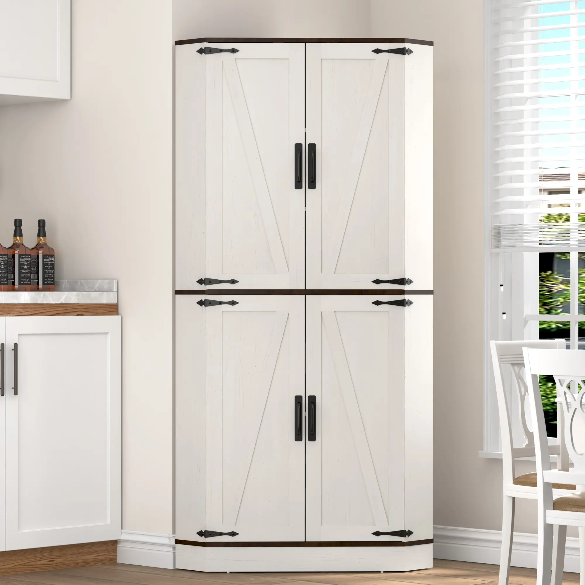 68 Inch Farmhouse Corner Storage Cabinet with Sturdy Base, Doors, Adjustable Shelves - Indoor Pantry for Kitchen, Living Room