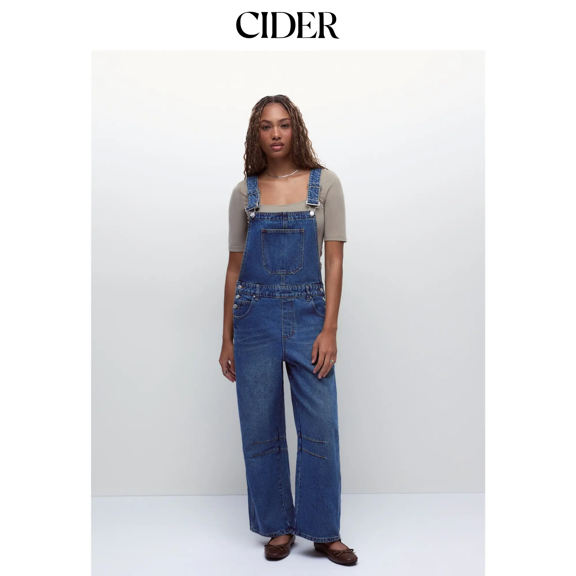 Cider Denim Solid Buckle Pocket Barrel-leg Jumpsuit