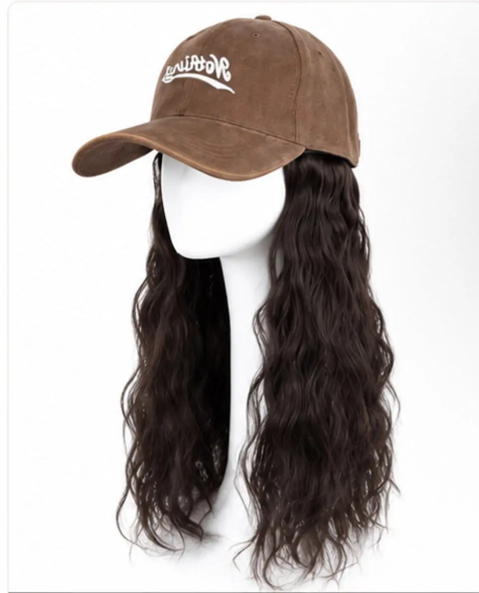 US Women Baseball Cap with Synthetic Wig Long Wavy Full Wigs Hat for Natural Use