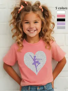 Girls' Sequined Heart Ballet T-Shirt, Graphic Shirt, Elegant Art Print, Comfortable Tee, Breathable Fabric, Cute Fashion Style, Cartoon Print Tee