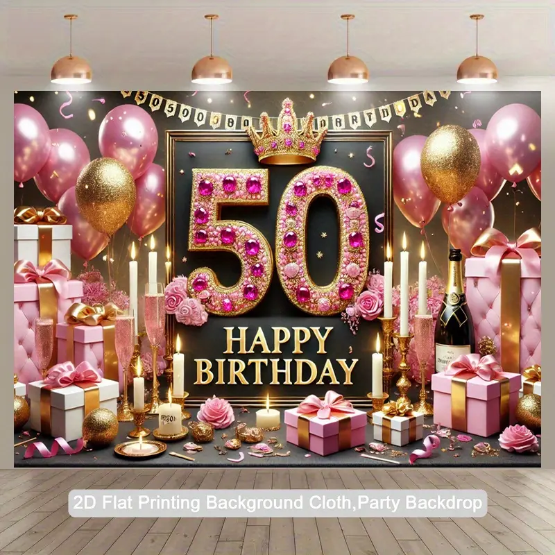 1PC 2D Flat 50th Birthday Backdrop - Golden Balloons/Candles/Gifts Design, Elegant Party Theme, Durable Polyester, Ideal for Indoor/Outdoor Decor & Studio Props