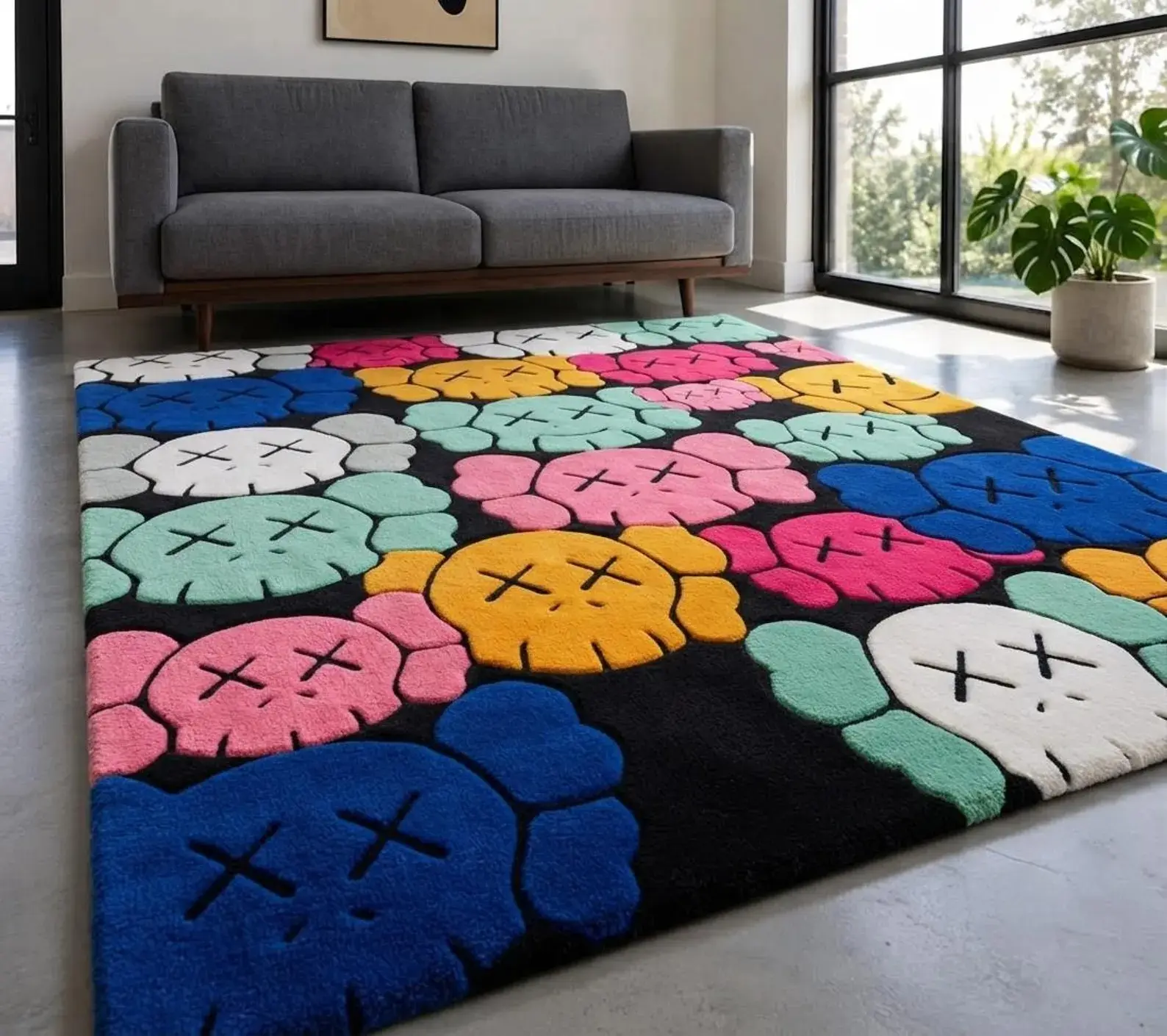 Colorful Skull Tufted Area Rug, Handmade Punch Needle Pop Art Household Textile Floor Mat