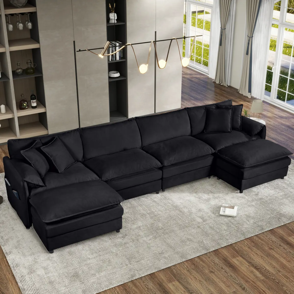 AobtkelModular Sectional Sofa, Oversized Deep Seat U Shaped Couch Set for Living Room, 4-Seater Comfy Cloud Couches with Two Movable Ottomans, DIY Combination, Chenille,Black   WL RR