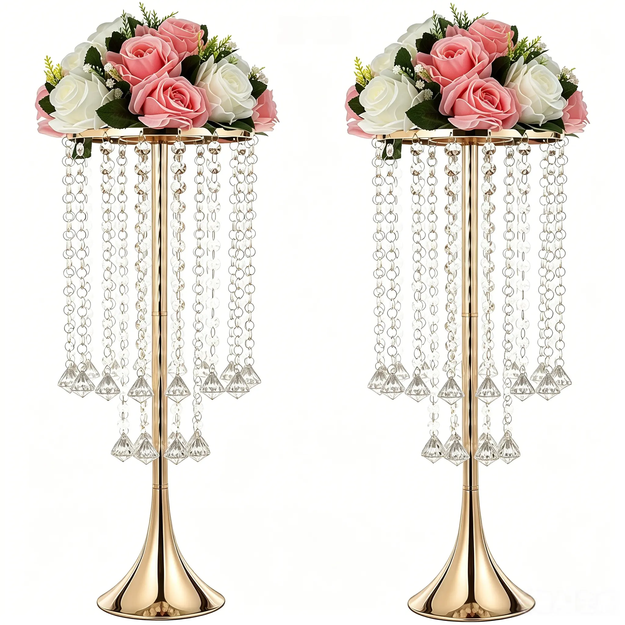 2-Piece Tall Gold Metal Flower Stand & Elegant Crystal Vase Decoration Set, Boho Wedding Decor Table Centerpieces for Party Decor Supplies, Romantic Floral Display for Home & Holiday Gifts