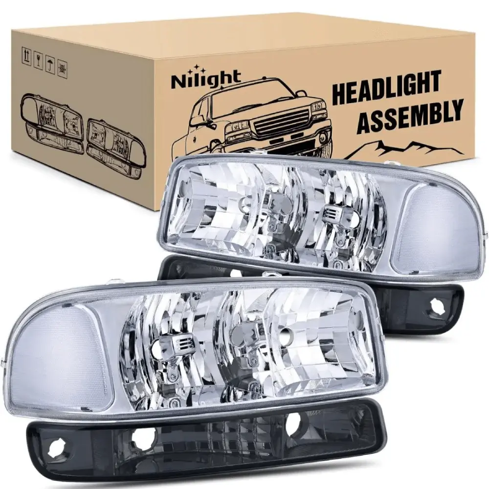 Nilight Automotive Headlight Assembly - Chrome Case, Clear Reflector, Smoke Lens, Headlight Cover - IP65 Rated, OE Standard for 1999-2006 GMC Models (Sierra, Yukon)