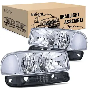Nilight 1999 2000 2001 2002  2003 2004 2005 2006 GMC Sierra Yukon Headlight Assembly Chrome Case Clear Reflector Smoke Lens