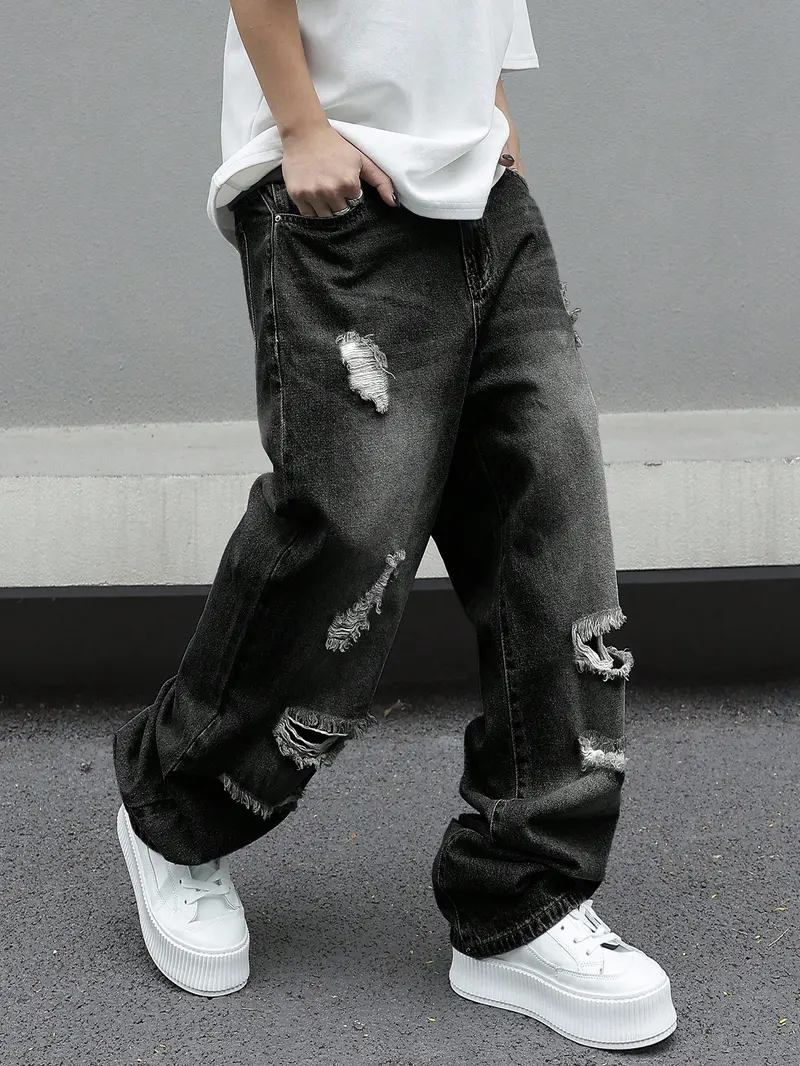 Men’s Loose Fit Distressed Denim Jeans for Streetwear and Everyday Style gift for dad jeans pants for men christmas gifts for dad mens pants cute boyfriend gifts mens jeans black jeans fall clothes dad gifts for christmas winter clothes