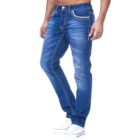 Men’s Mid-Rise Vintage Washed Straight-Leg Light Blue Denim Jeans - Classic Menswear, Casual Streetwear, Slim Fit, Retro Distressed, Button Fly, Slant Pockets, Full Length, All-Season Basic