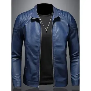 Men's Slim Fit PU Leather Jacket - Stylish Stand Collar Motorcycle Style with Zipper Detail, Black, Perfect for Spring and Fall Casual Wear, Casual Outerwear |   Fitted PU Leather Jacket |   Glossy Finish Jacket
