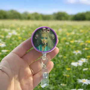 Disgusted Doll Face Badge Reel, Retractable ID Clip, Funny Nostalgic Kitsch Keychain for Nurses, Teachers, and Office Workers