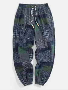 Men's Ethnic Pattern Patchwork Drawstring Waist Jogger Pants, Boho Casual Loose Pocket Elastic Waist Trousers for Spring & Fall, Fashion Men's Bottoms for Daily Wear, Casual Sports Trousers