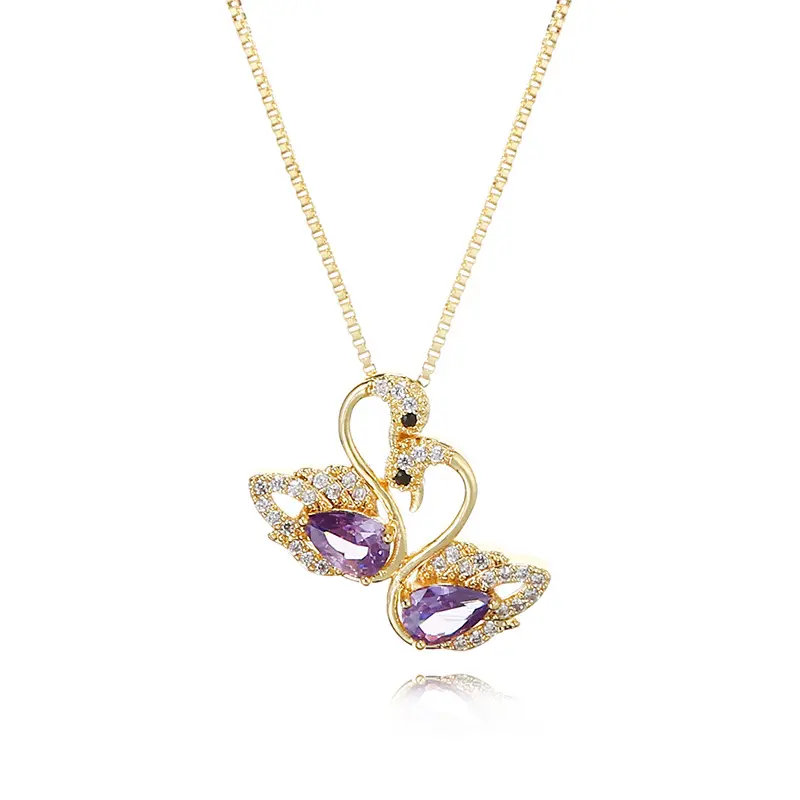 #JY Titanium Steel Box Chain Amethyst Double Swan Bird Pendant Necklace - New Style Micro-Inlaid Artificial Zircon Copper-Plated Real Gold Jewelry, Gold Aesthetic Modern Blend Ornament, Daywear & Special Events Accessory, Artificial Zircon Necklaces, Copp