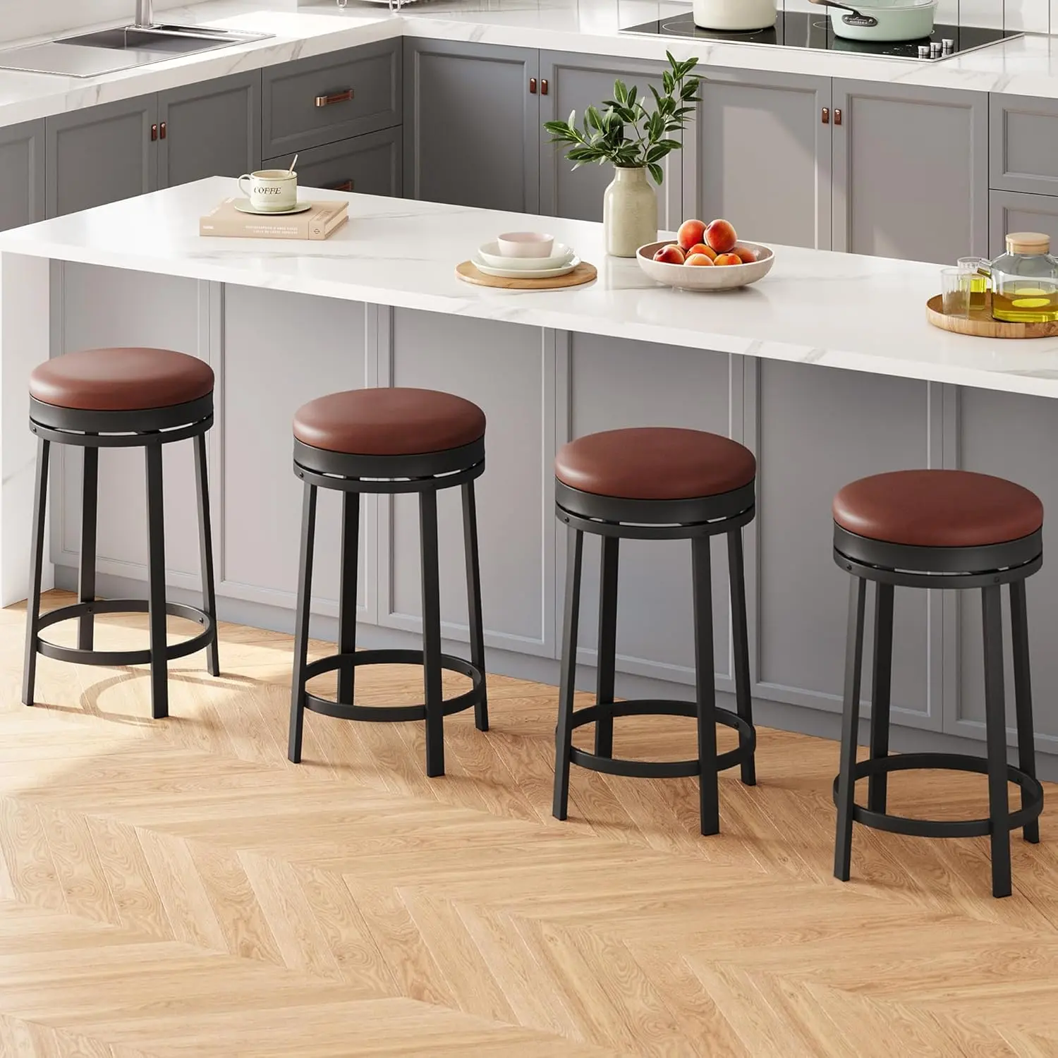 Gaomon 24-in Backless Round Swivel Counter Height Barstools (Set of 4) - PU Leather Cushioned Upholstery, Minimalistic Metallic Frame, 5.7-in Footrest, 280 lbs Capacity, Swivel Chairs for Kitchen Island, Coffee Shop, Brown