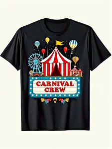 A Traditional Black Graphic Tee Featuring a Carnival Theme, Perfect for Everyday Casual Use