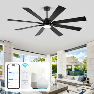 62/72 Inch Large Industrial Ceiling Fan, Outdoor Ceiling Fans for Patios with Light, Smart Alexa/App/Remote Control High CFM Plywood 8-Blades Modern Farmhouse Ceiling Fan for Bedroom Living Room Porch, Black/Silver&Oak Indoor Lighting