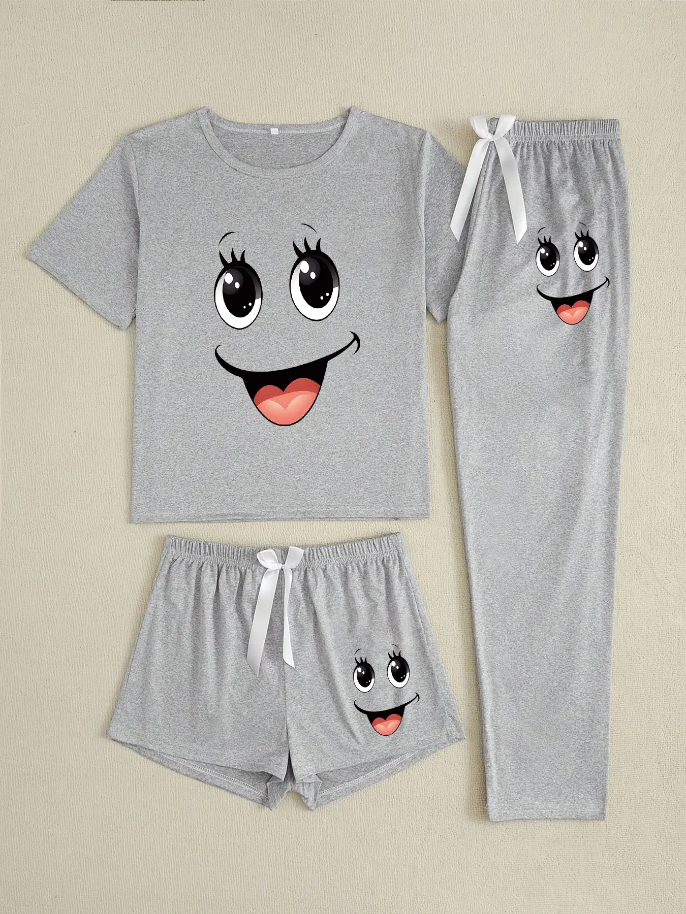 Three-Piece Pajama Set for Women, Matching Pajamas, Comfy Pajamas, Smiley Face Print, Casual Fitted Sleepwear, Home Sleepwear, Home Clothes Loungewear, Casual Loungewear Set, All-Season Nightwear, Pyjamas, Random Pattern Design, Pjs