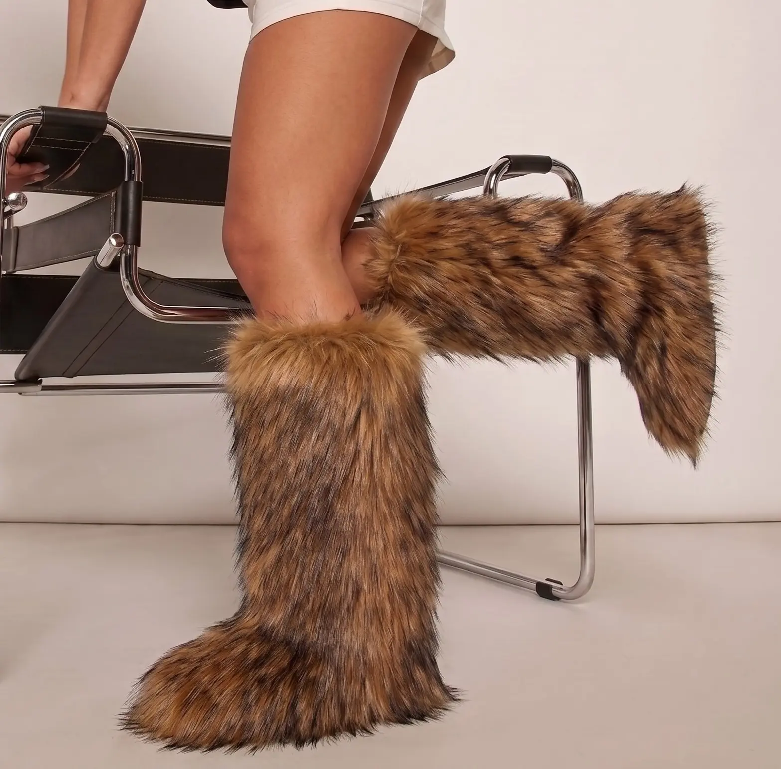 Women Knee High Boots Faux Fur Round Toe Flat Heel Easy Pull On Fluffy Furry Cozy Snow Warm Glam Soft Plush Y2K Statement Style Vacation Holiday Party Birthday Date Festival Street Style Gift Idea Brunch Photoshoot Concert Events Casual Fashion Boots