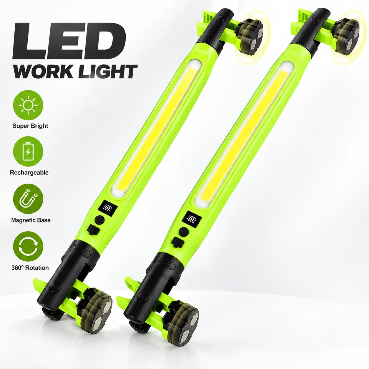 Magnetic LED Work Light with Hanging Hook, Rotatable Rechargeable Portable Lighting Tool, Bright Work Lamp for Car Repair, Garage and Indoor Outdoor Projects