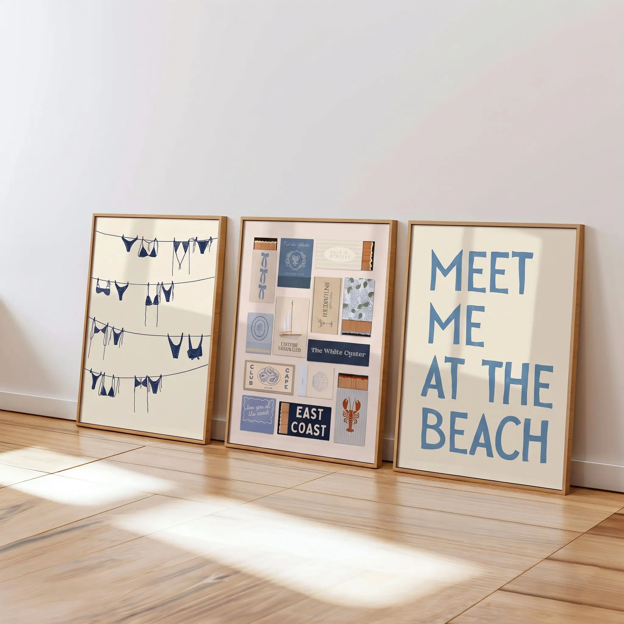 Set of 3 Blue Preppy Coastal Poster Matchbook Wall Art Meet Me At The Beach Print Unframed