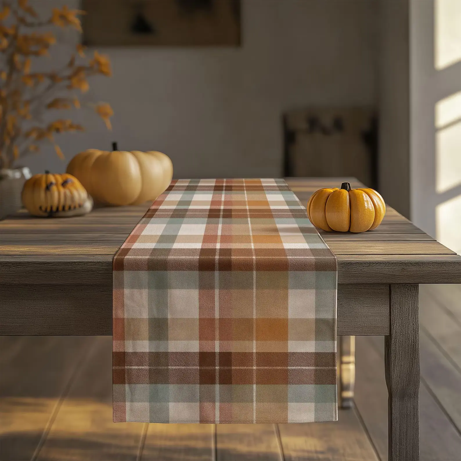 Fall Plaid Table Runner, Rustic Farmhouse Buffalo Check Dining Table Decor, Autumn Brown Orange Beige Checkered Table Runner for Thanksgiving Dinner, Harvest Season, Kitchen Table Decoration, Fall Home Decor Gift