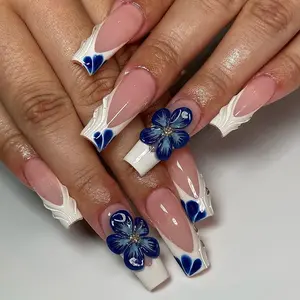 S79 Blue Bloom Press-On Nails, 3D Floral Charms, White Wave French Tip, Navy Petals, Custom Press-On Nail, Summer, Party Look, Solana Nails Town