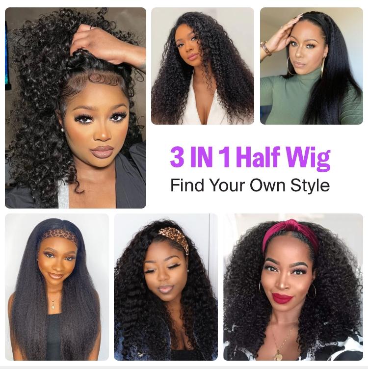 [3 IN 1 HALF WIG] Megalook Affordable Seamless Kinky Curly Half Wig Glueless Human Hair Wigs Flip Over Wig Beginner Friendly Easy Wear Go Quick Weave Hair