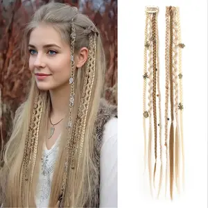 Hand-woven bohemian style 20inch clip-in braid extensions, bohemian dreadlocks paired with everyday wear beads and exquisite accessories, synthetic braided hair for women