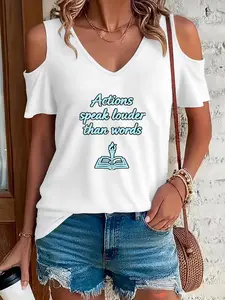 Women's Y2K Casual Fashion V-Neck Off-Shoulder Short Sleeve T-Shirt, Elastic Polyester, All Seasons, Perfect for Sports & Daily Wear