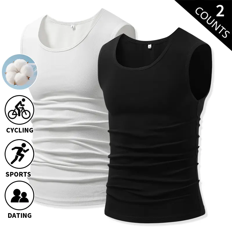 2-Pack Men’s Solid Crew Neck Sleeveless Tank Tops, Stretchy Slim Fit Basic Underwear Shirts, Breathable Soft Casual Layering Muscle Tees for Daily Use