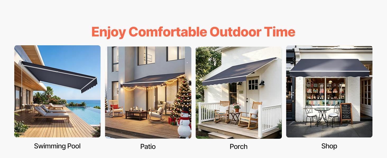 VEVOR Manual Retractable Awning, 11.5' x 9.8' Outdoor Patio Awning Retractable Sun Shade, Patio Door Window Water-Resistant Polyester Sunshade Shelter with Crank Handle for Deck, Balcony, Yard, Gray