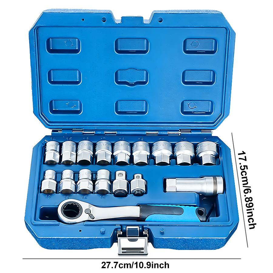 17-Piece Pass-Through Socket Set, 10-24mm Metric, with 3/8" & 1/2" Square Drive Adapters, Low Profile Hollow Ratchet for Long Studs, CR-V Steel Automotive & Mechanical Repair Kit with Case