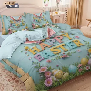 3pcs Easter Bunny Egg Floral Theme Duvet Cover Set, 2D Flat Print, Includes 1 Duvet Cover & 2 Pillowcases, Excludes Duvet and Pillow Inserts, Soft Comfortable, Suitable for Bedrooms, Hotels, School Dormitories, Perfect Gift for Easter