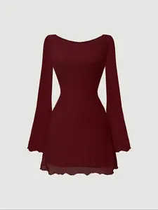 Women's Plain Tulle Fitted Dress, Elegant Long Sleeve Short Dress for Evening Party Holiday Wedding Guest, Ladies Clothes for All Seasons