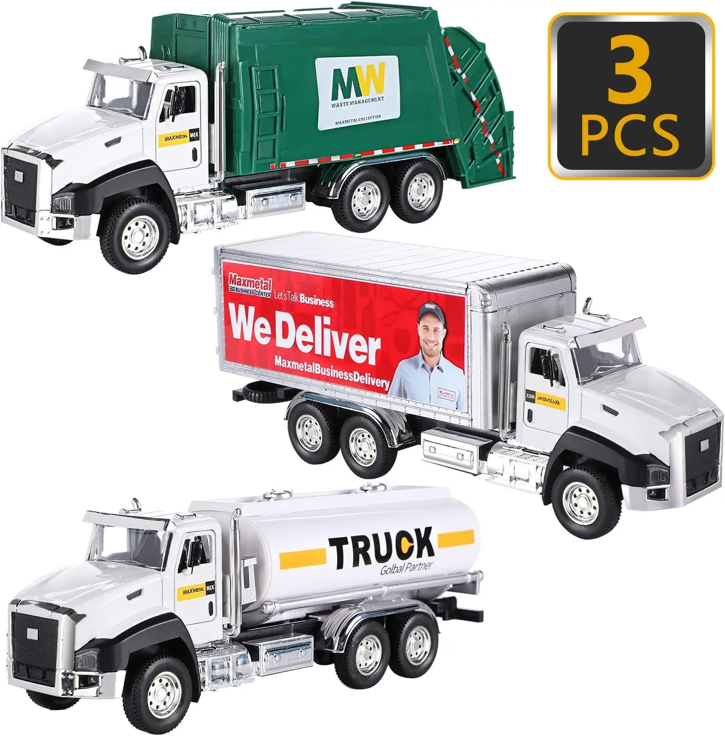 3 Pack Diecast Transport Vehicles Set - Garbage Truck, Tanker, Delivery Truck 1:50 Scale Pull Back Metal Model Car Toys for Boys