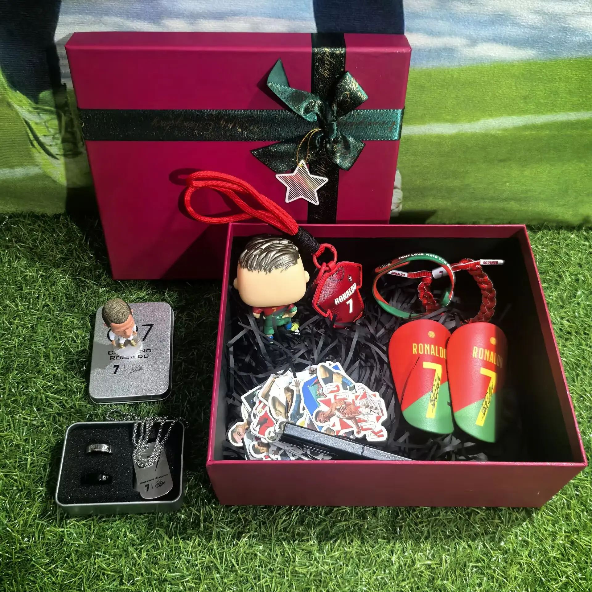 Christmas Soccer Star Number 7 Gift Bundle Box with Keychain, Necklace, Bracelet & Stickers - Festive  Collection