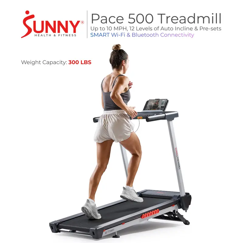Sunny Health & Fitness Pace 500 Smart Auto Incline Treadmill with 18" Wide Running Surface 300 LBS Capacity 12 Incline Levels & Up to 10 MPH Speed
