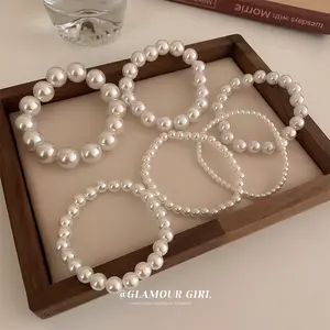 FASHION4U - Elegant White Faux Pearls Beaded Bracelets for Women Adjustable Elastic Rope Bracelet French Luxury Hands Jewelry Accessories