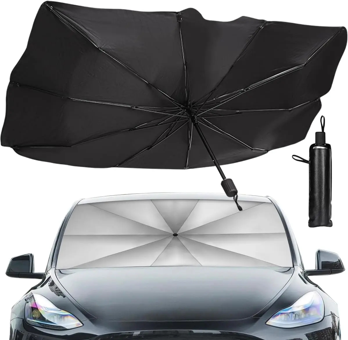 [2026 Upgraded] Sedan SUV Car Sun Shade for Windshield UV Rays and Heat Sun Visor Protector,Foldable Windshield Sun Shade Umbrella,Keep Car Cool,Easy to Use/Store,57''x 31''