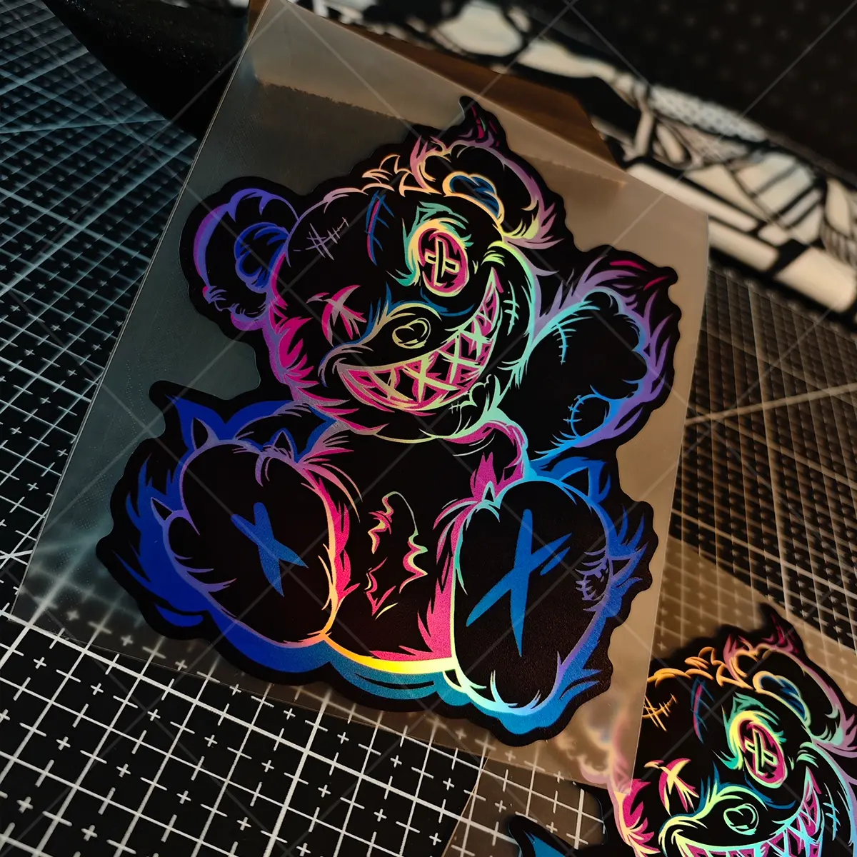 Dark Bear Pattern Car Sticker, Laser Holographic Evil Cartoon Demon Design, Durable and Stylish Car Motorcycle Laptop Accessories, Car Decorative Sticker, Car Decals, Stickers For Cars