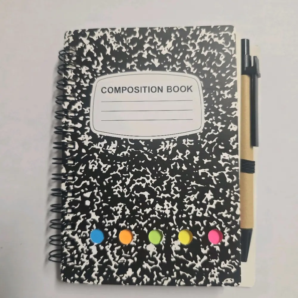 Small Spiral Composition Notepad with Pen, Sticky Notes, Index Labels, Lined Paper for Office, School Supplies
