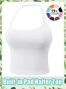Women's Solid Removable Chest Pad Sports Tank Top, Casual Comfort and Durability Halter Neck Sports Top for Yoga Gym Workout, Ladies Sportswear for All Seasons