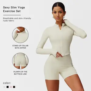 Women's Solid Long Sleeve Top & High Waist Shorts Tracksuit Set by MFVIM - Casual Sporty Two-Piece Outfits for Yoga, Gym, Workouts, Ladies' Activewear for All Seasons