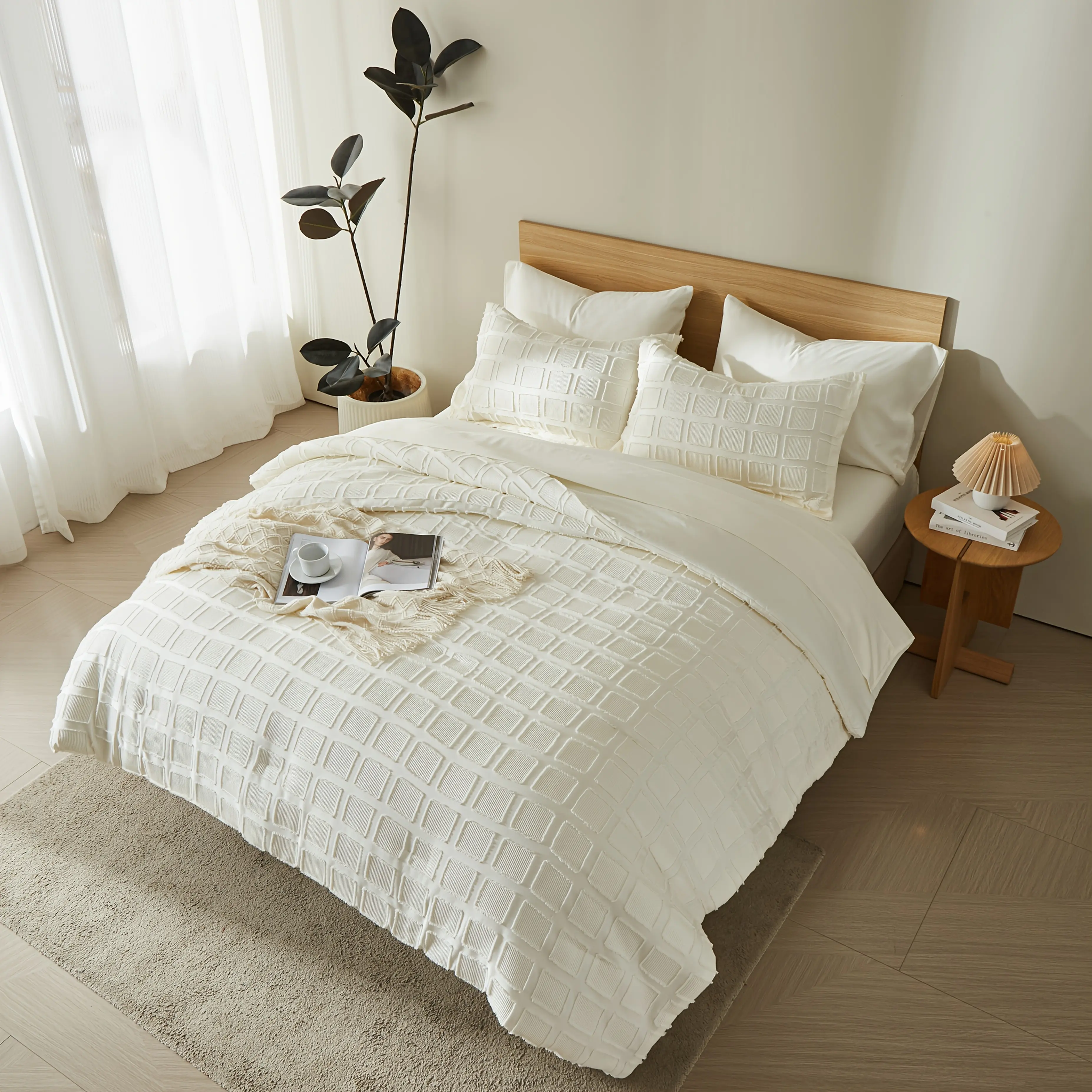 3pcs Minimalist Cream White Tufted Grid Comforter Set, Neutral Waffle Textured Bedding, Soft Microfiber for Farmhouse Bedroom Decor, 1 Quilt &2Pillow Shams, All Season Use, Ideal Gift for Women, Breathable & Skin-Friendly, Easy Care &Machine Washable