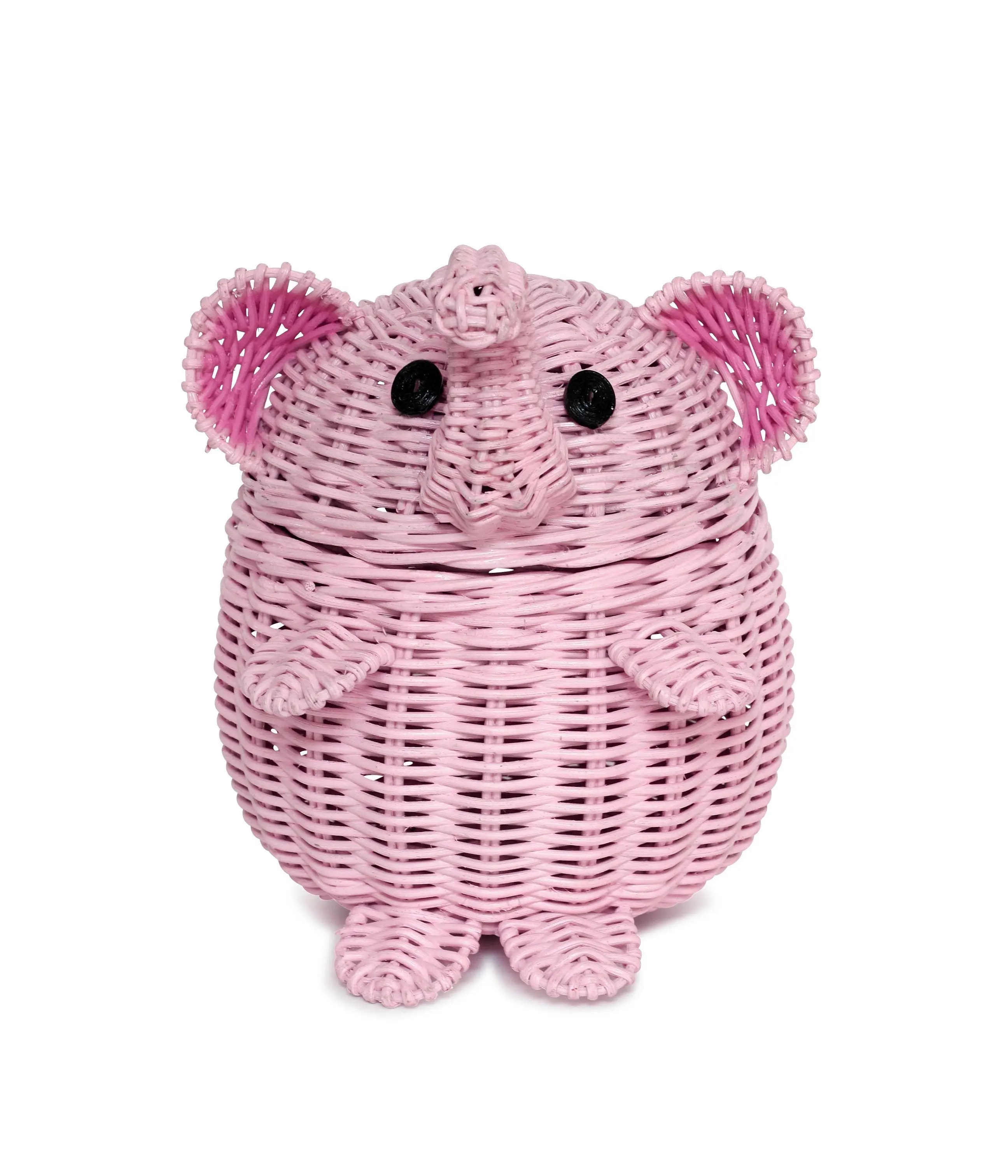 Pink Elephant Rattan Storage Basket With Lid Hand Woven Shelf Organizer Cute Handmade Gift Wicker