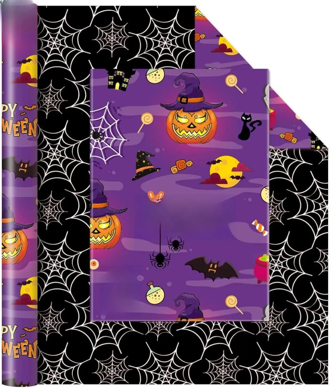 Halloween Wrapping Paper Roll - 1 Roll 17” x 33 Ft Halloween Pumpkin Wrapping Paper Purple Hallows Eve Decor Paper Black Gothic Spider Wrapping Paper