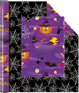 Halloween Wrapping Paper Roll - 1 Roll 17” x 33 Ft Halloween Pumpkin Wrapping Paper Purple Hallows Eve Decor Paper Black Gothic Spider Wrapping Paper