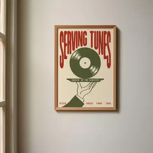 [ VINTAGE WALL UNFRAMED ART POSTER ] Serving Tunes Print, Retro Vinyl Music Poster, Disco House Wall Decor