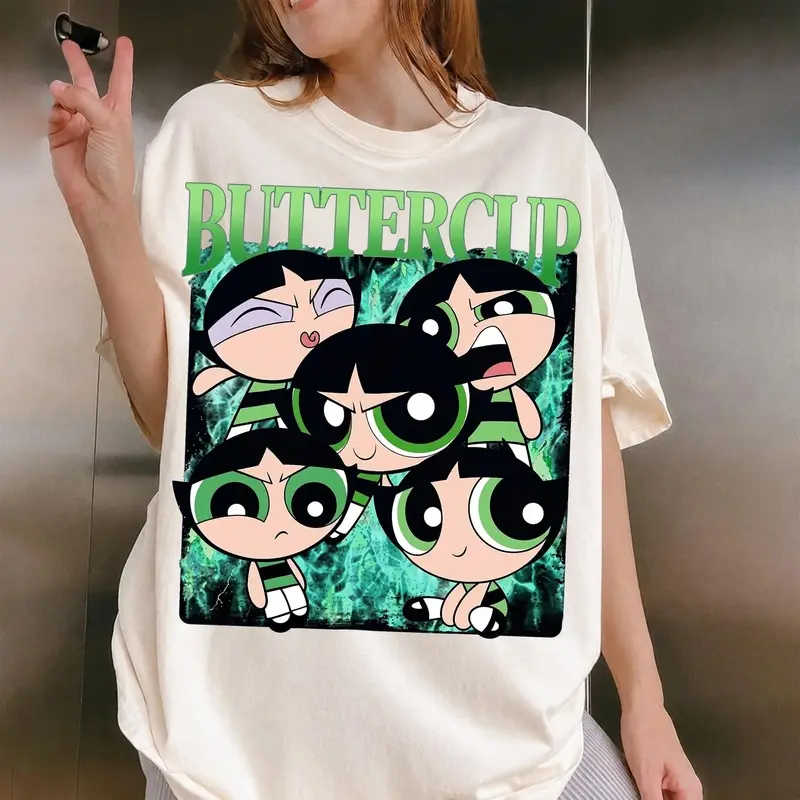 Buttercup Powerpuff Girls Graphic Tee for Women, Vintage 90s Cartoon Bootleg Style T-Shirt, Y2K Nostalgia Top