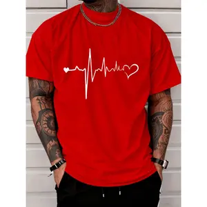 Short Sleeve Men's Fashion Casual Trendy Street Style Crewneck T Shirt with Heartbeat Line Heart Shape Pattern Adults Men's Outfits Suitable for Casual Wear Daily Outings and Street Fashion.